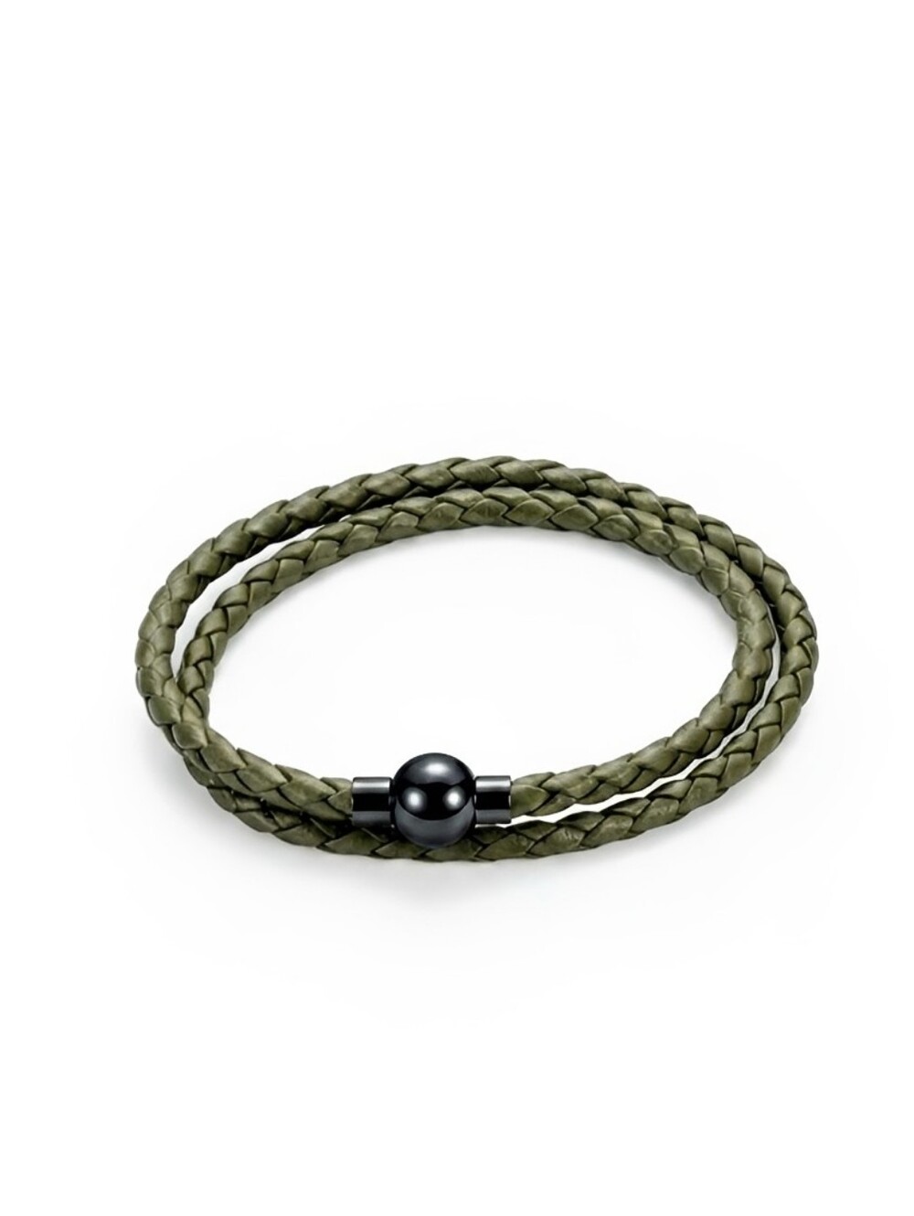 Linx Double Army Green Leather Braided Cord Bracelet with Black Magnetic Clasp